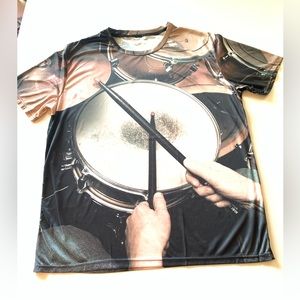 Festival Wear Drum Tee Shirt. Stretchy Polyester. Picture on Front & Back. New